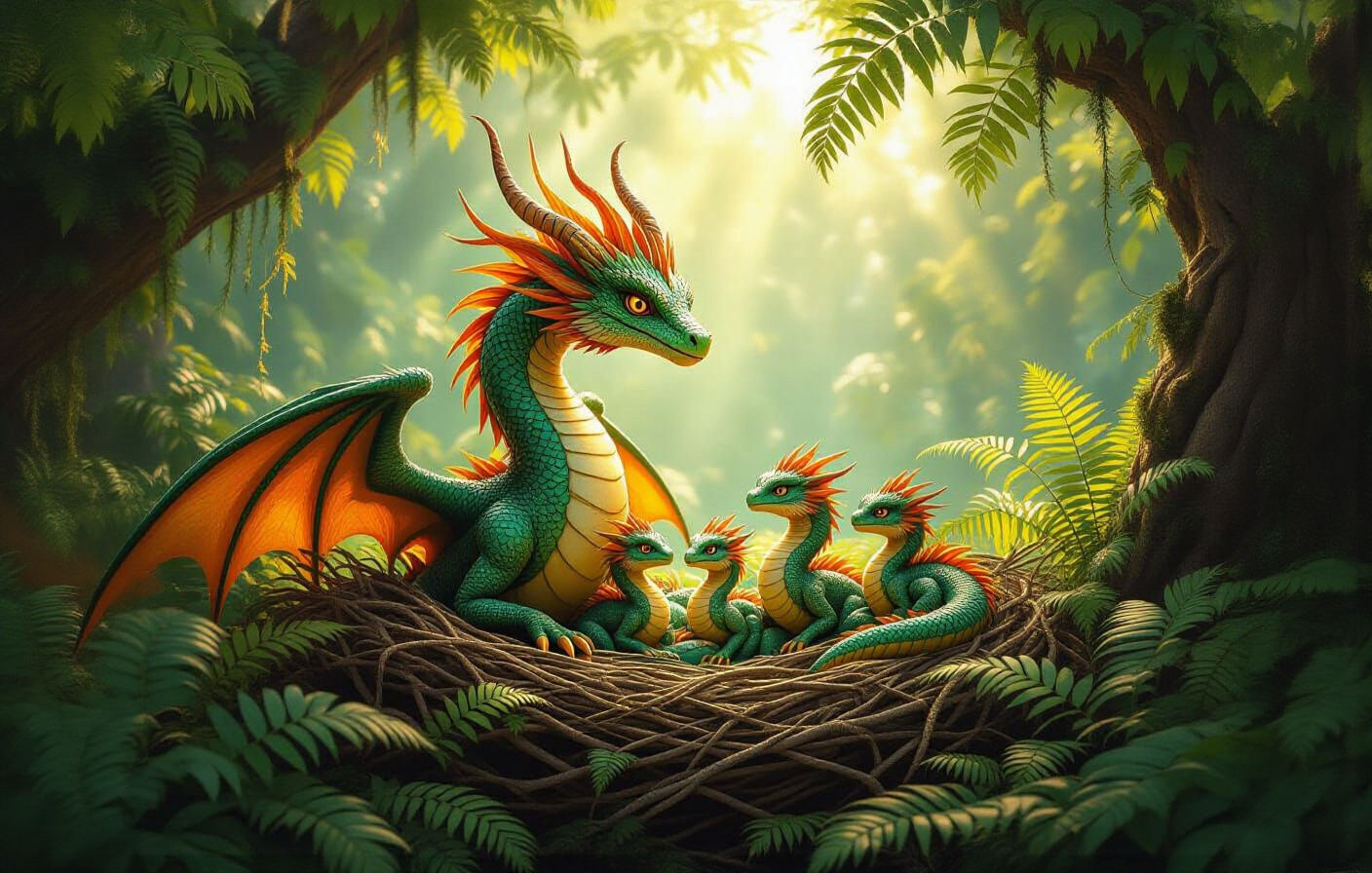 Mother dragon guards many baby dragons in a nest of ferns