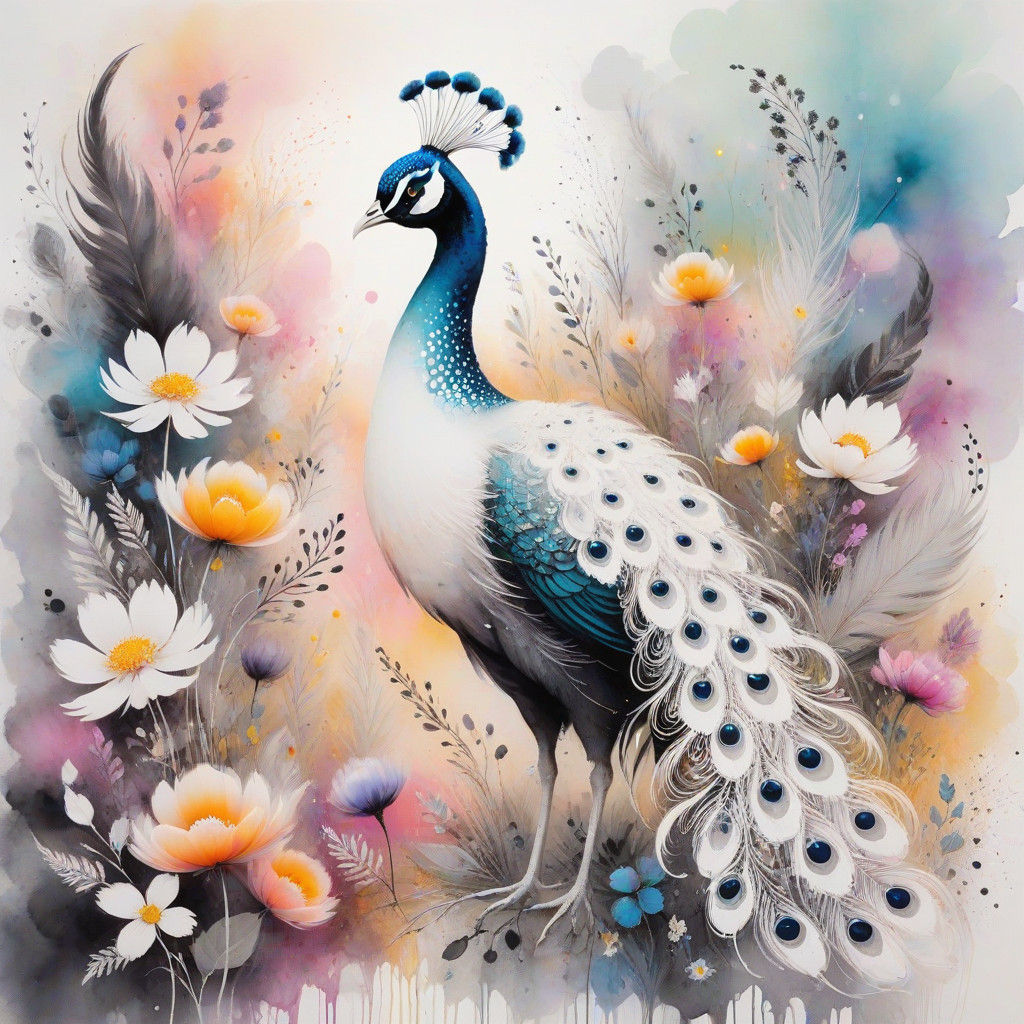Whimsical White Peacock in Soot Painting Style