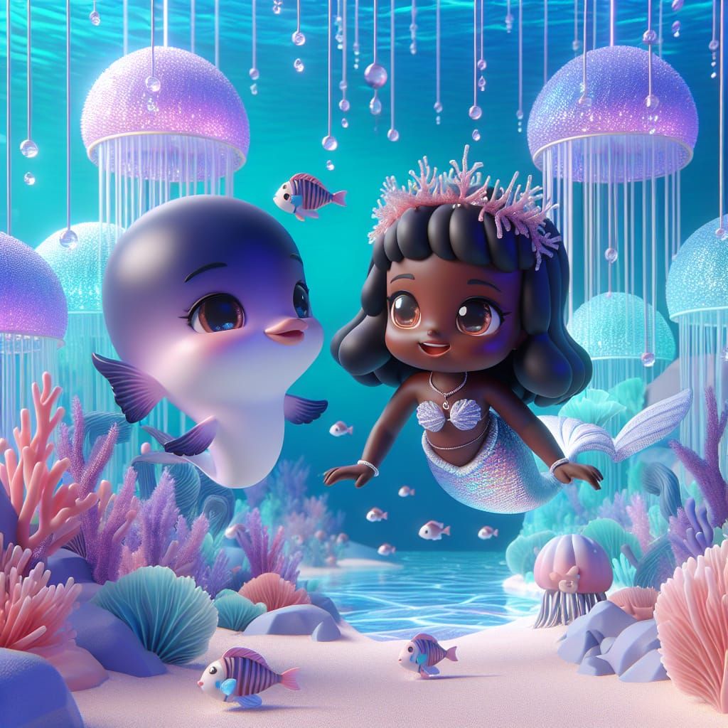 Disney Pixar style 3D adorable little dark skinned mermaid, swimming with her fish friend in a spectacular jellyfish pal...