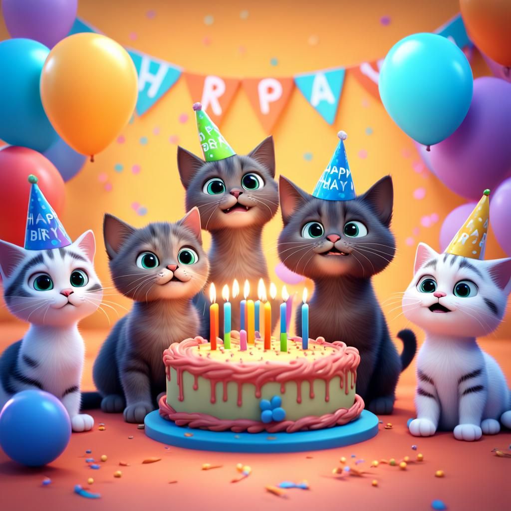 Cute Cats Celebrate Birthday in 3D Digital Art