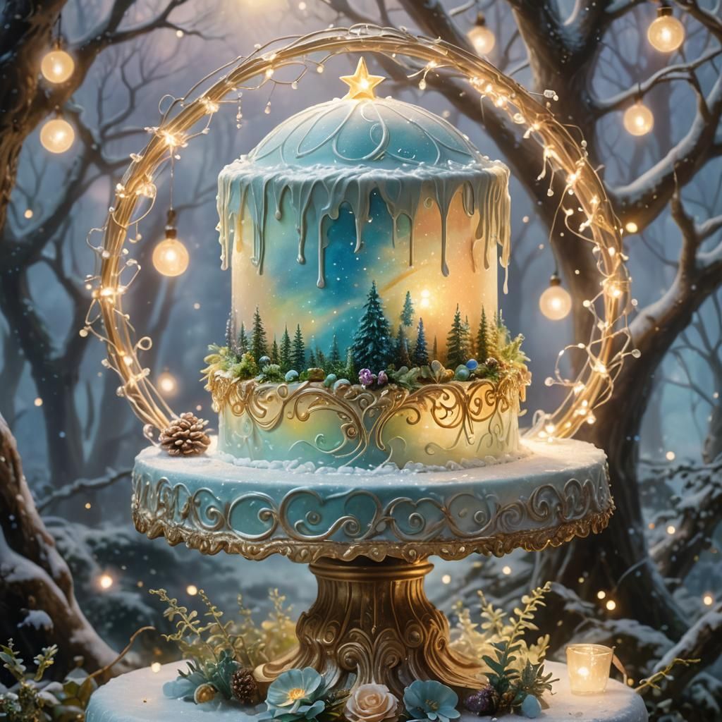 Mystical Sun Cake in Ethereal Forest, Oil Painting