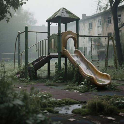 Overgrown Derelict Playground With Muted Colors