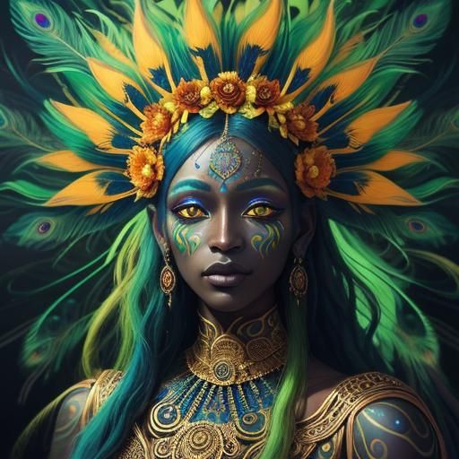 Woman with Gold Skin and Peacock Feather Hair