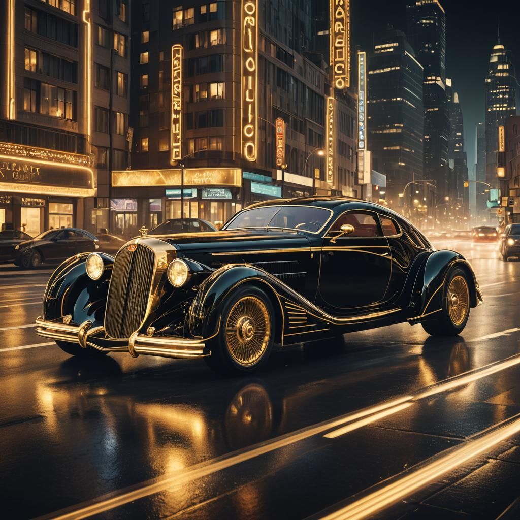 Art Deco Futuristic Car on Neon Highway