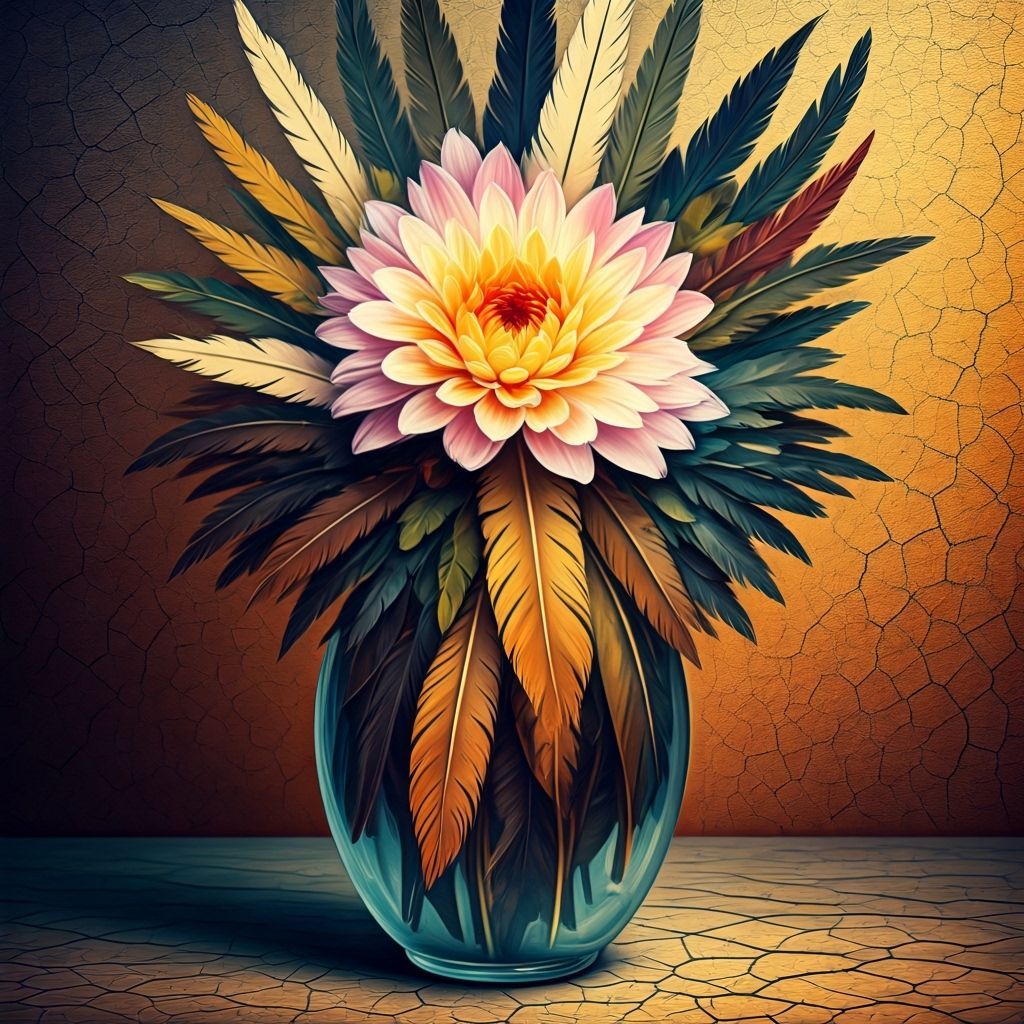 Textural Impasto Painting of Flowers in Feather Vase