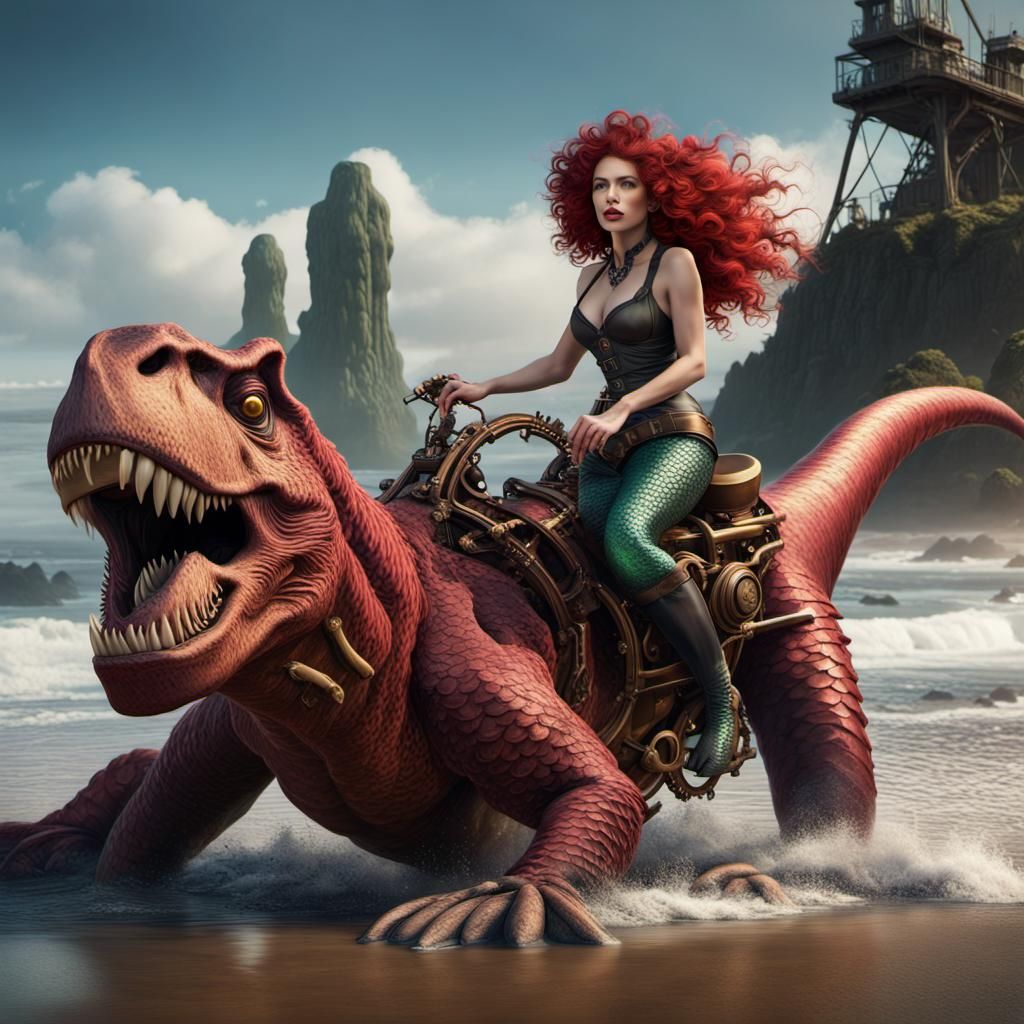 Steampunk Mermaid Riding a T-Rex on the Beach