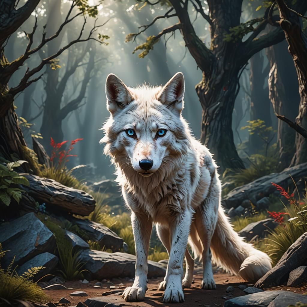 White Coyote with Heterochromia: Detailed Matte Painting