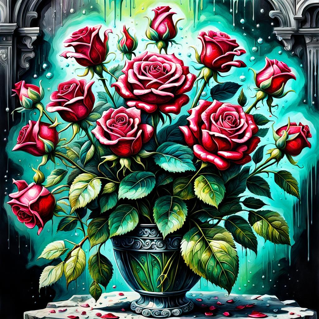 Baroque Ruby Rose Bouquet in Graffiti Art Style