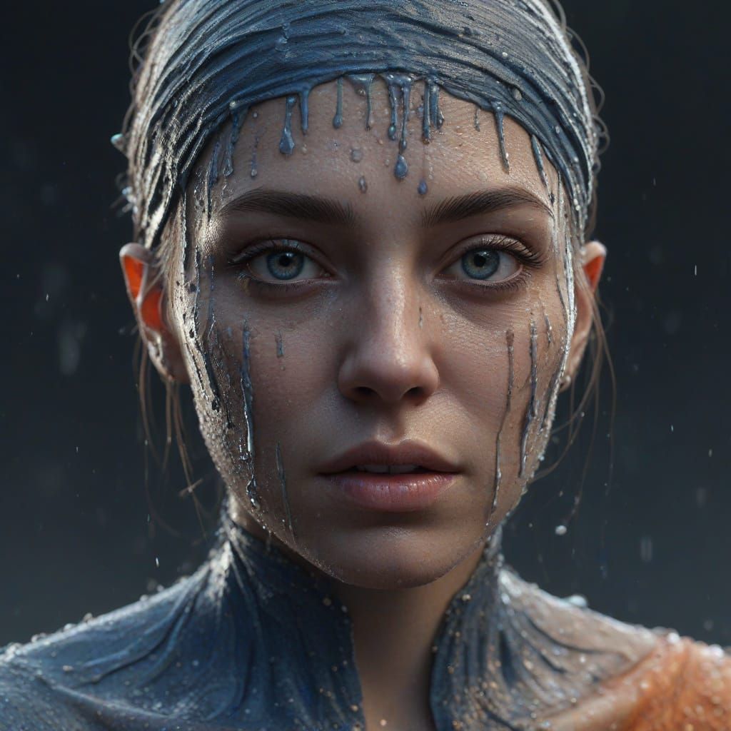 Surreal Close-up of a Delicate, Wet Bandage in Deep Blues an...