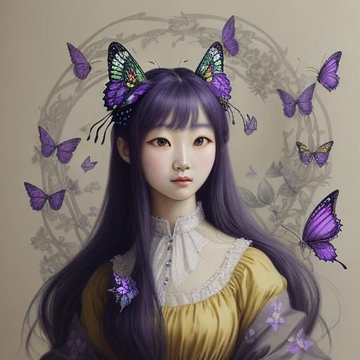 Girl in Butterfly Dress: Detailed Charcoal Drawing