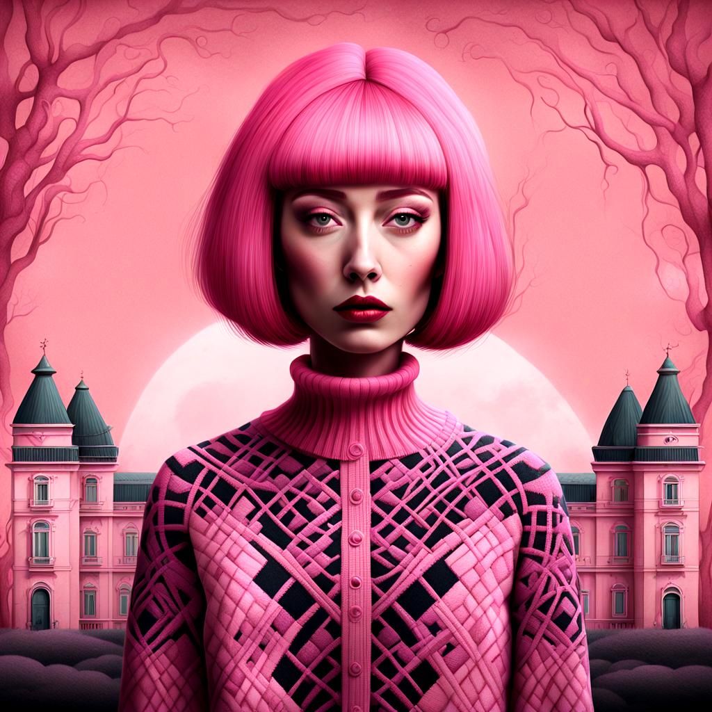 Surreal Woman in Pink Palace Digital Illustration