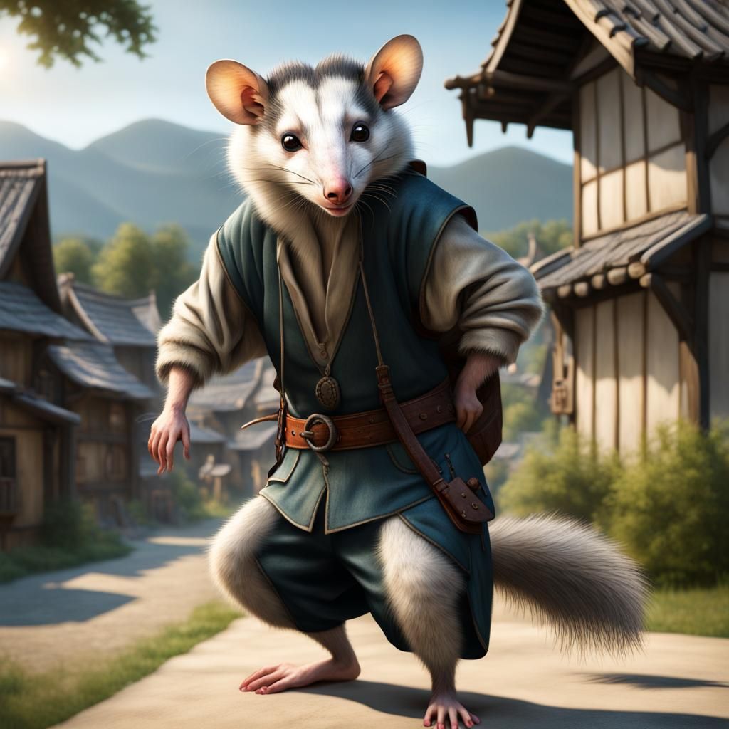 Anthropomorphic Opossum Ranger in Asian Village