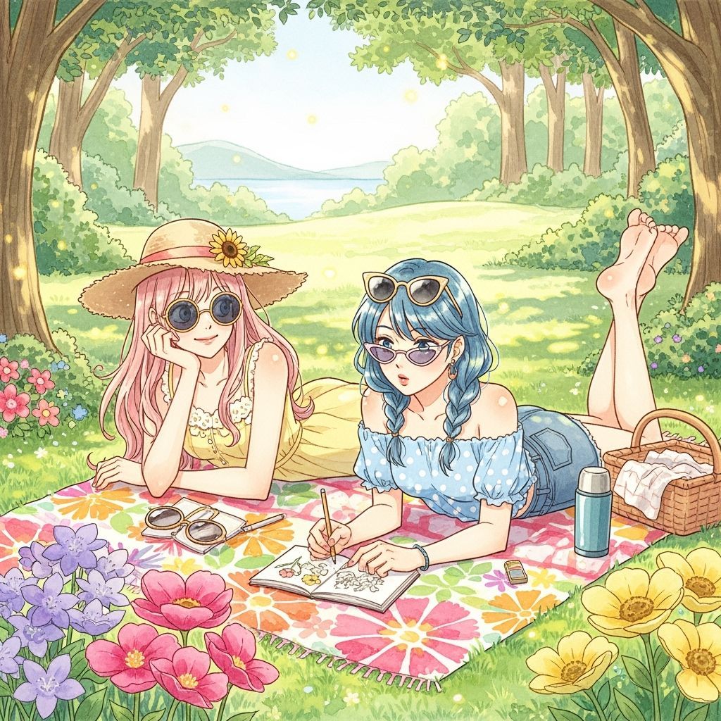 Anime Women Sunbathing in Park, Watercolor Style