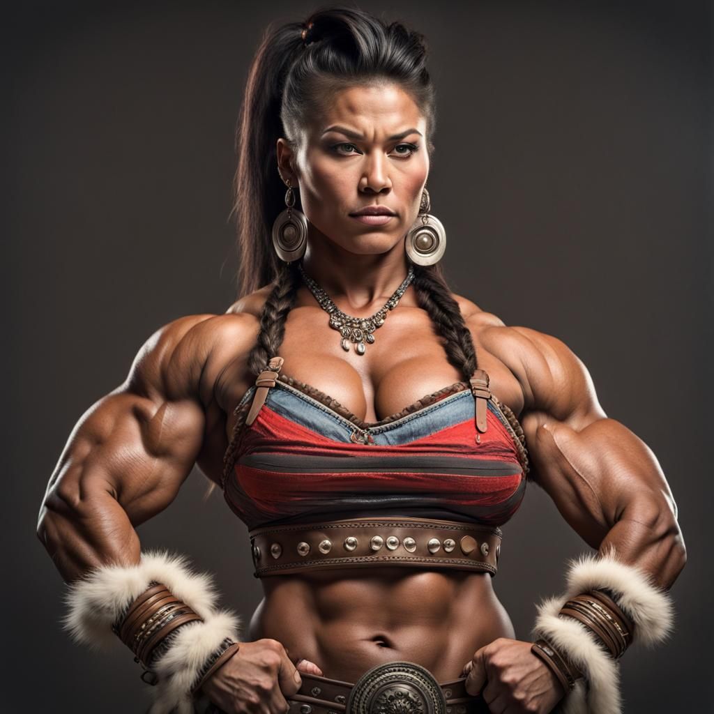 Muscular Navajo Woman Bodybuilder Flexing Biceps