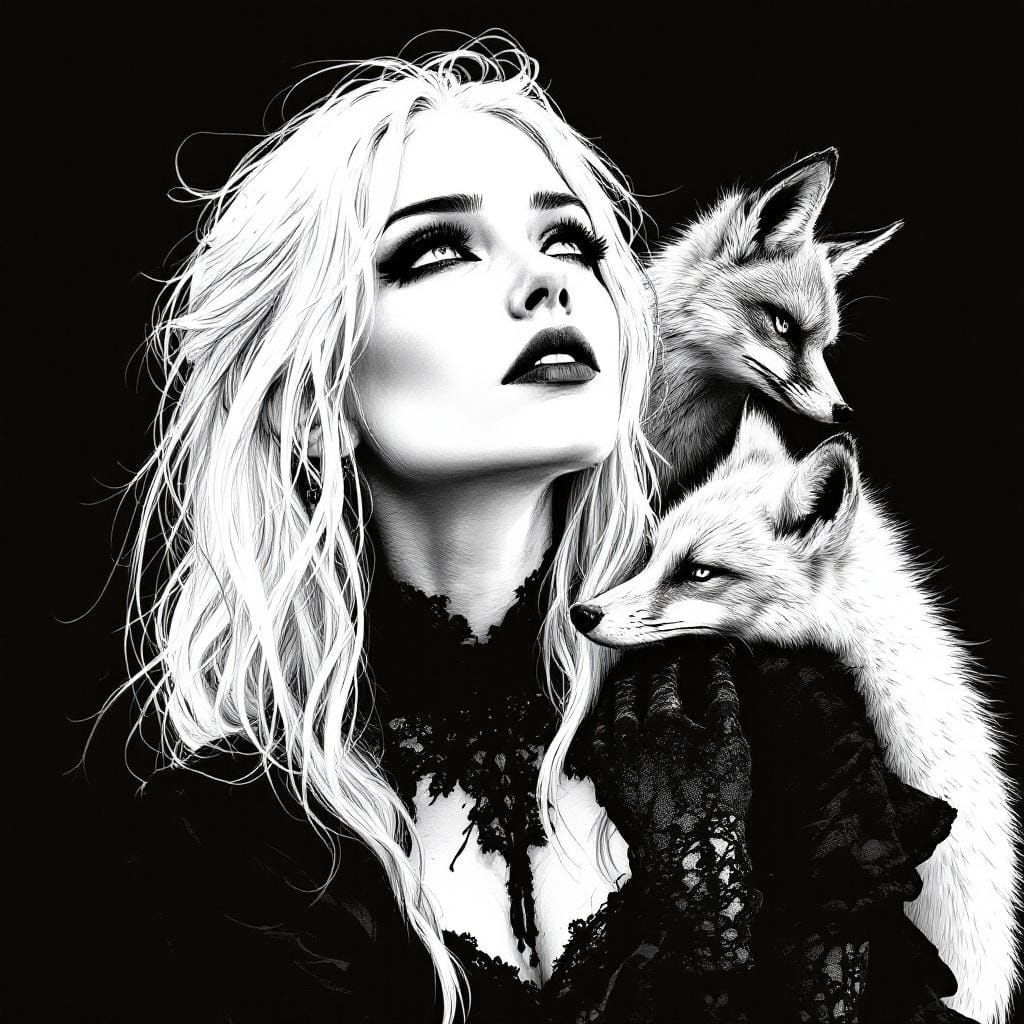 Gothic Nordic Woman with Fox, Graphic Noir Illustration