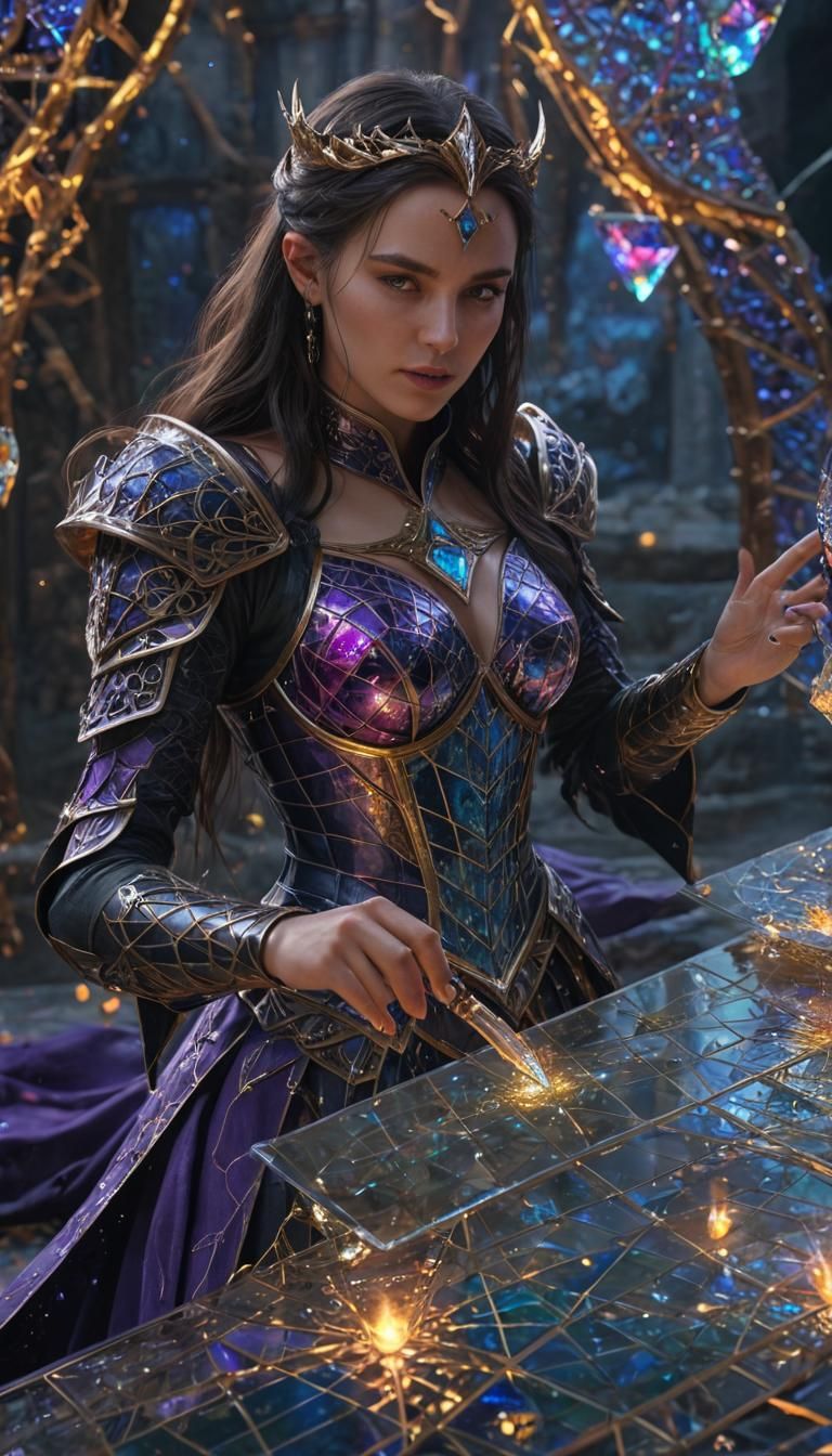 Glass-Armored Sorceress Conjuring Magic: Digital Art