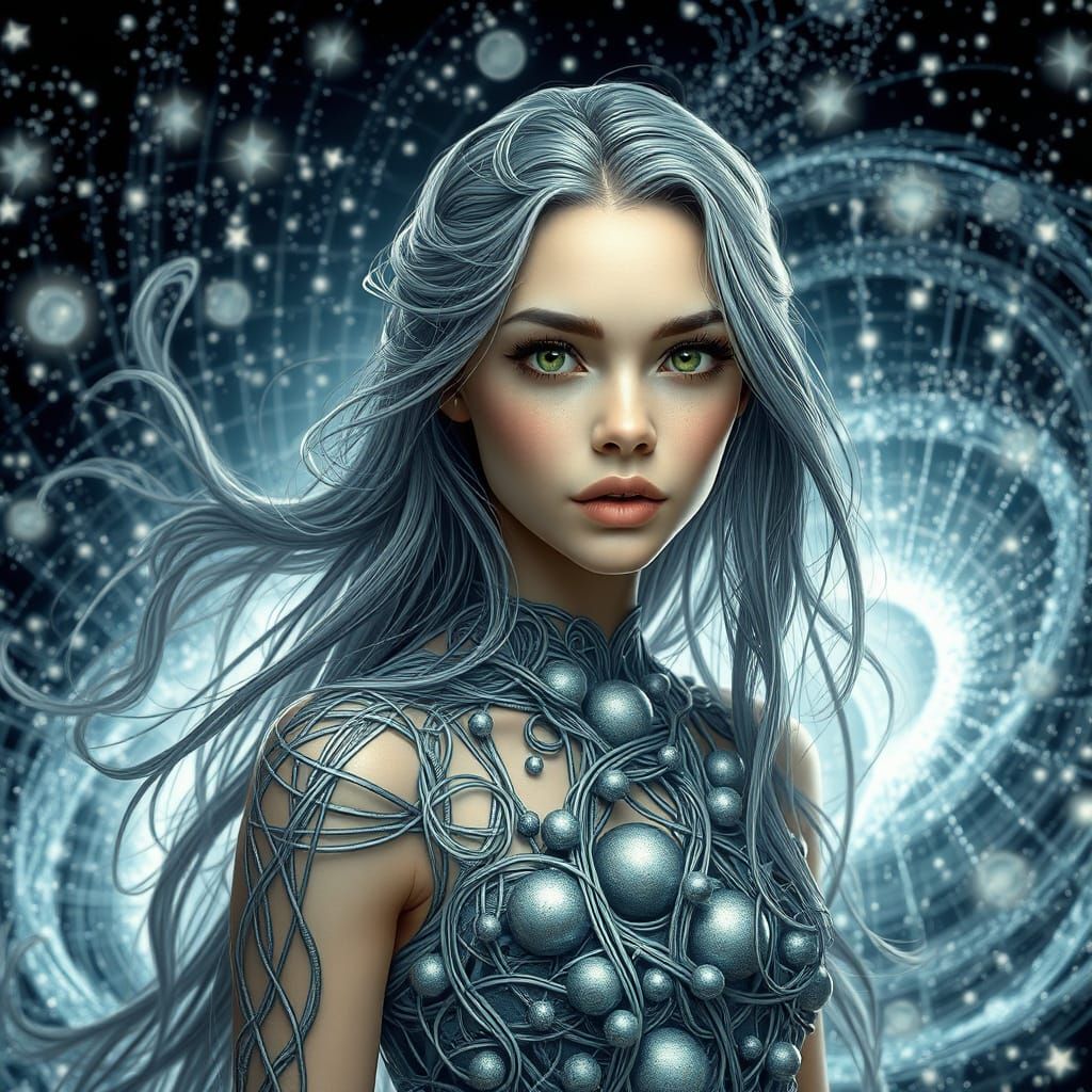 Zentangle Woman in Starry Vortex, Futuristic Style