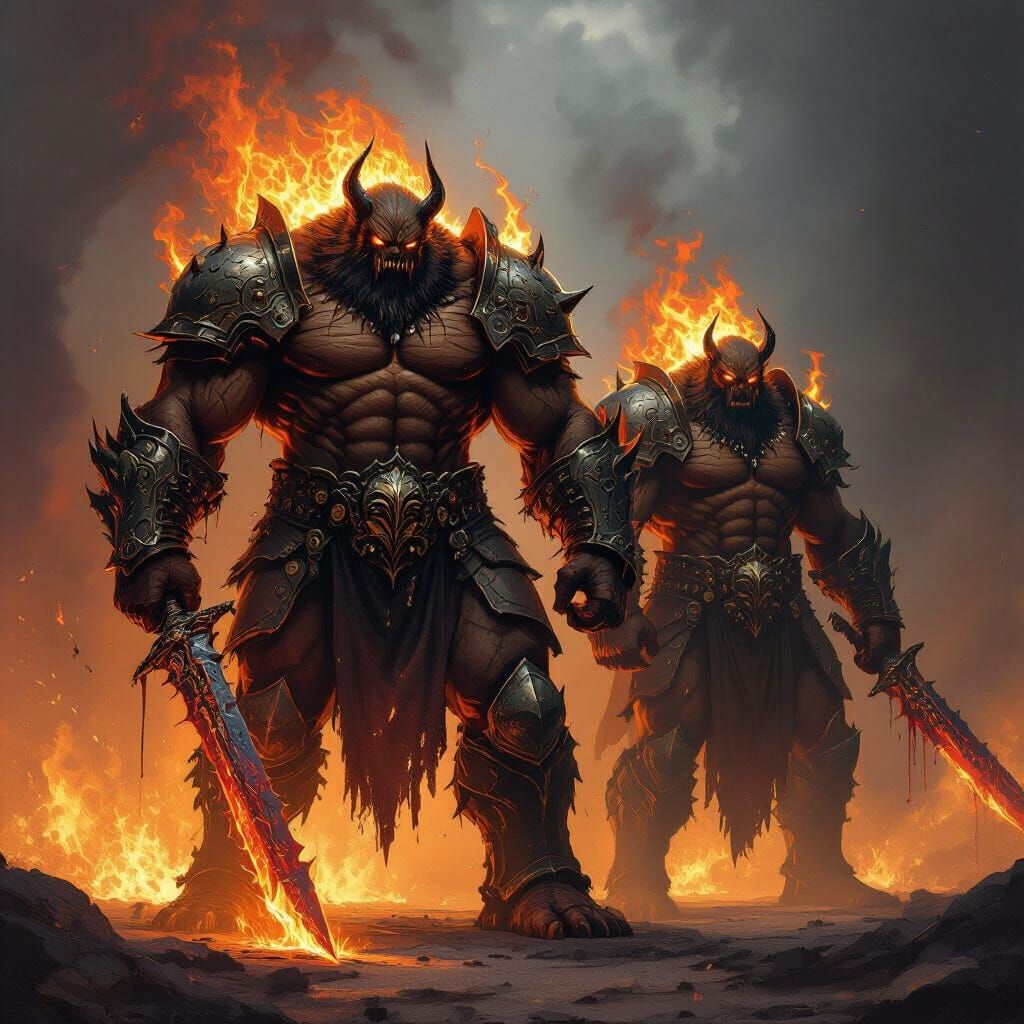 Fiery Warrior Monster with Bloodied Sword in Dark Fantasy Ar...