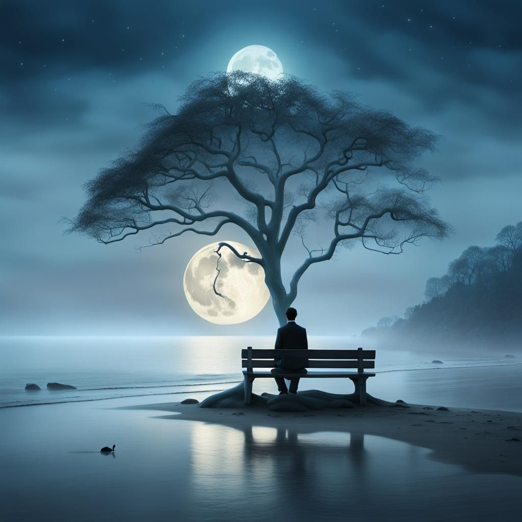 Dreamy Beach Scene with Full Moon in Anime Style