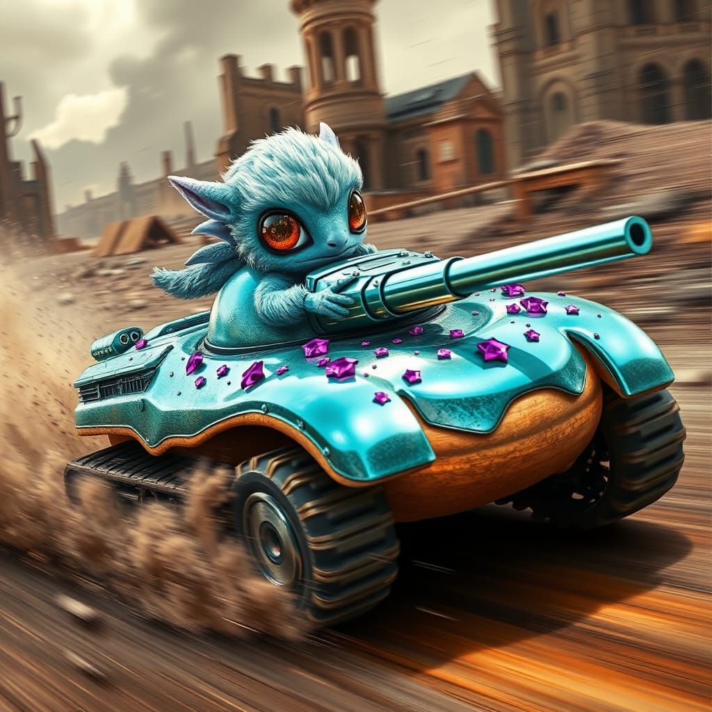 Chibi Gryphon Races Donut Tank in Apocalyptic Wasteland