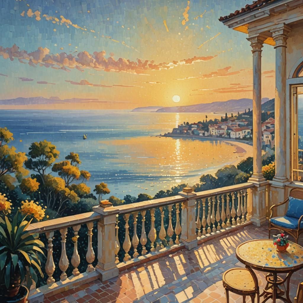 Ocean Sunrise from Villa Balcony in Impressionist Pointillis...