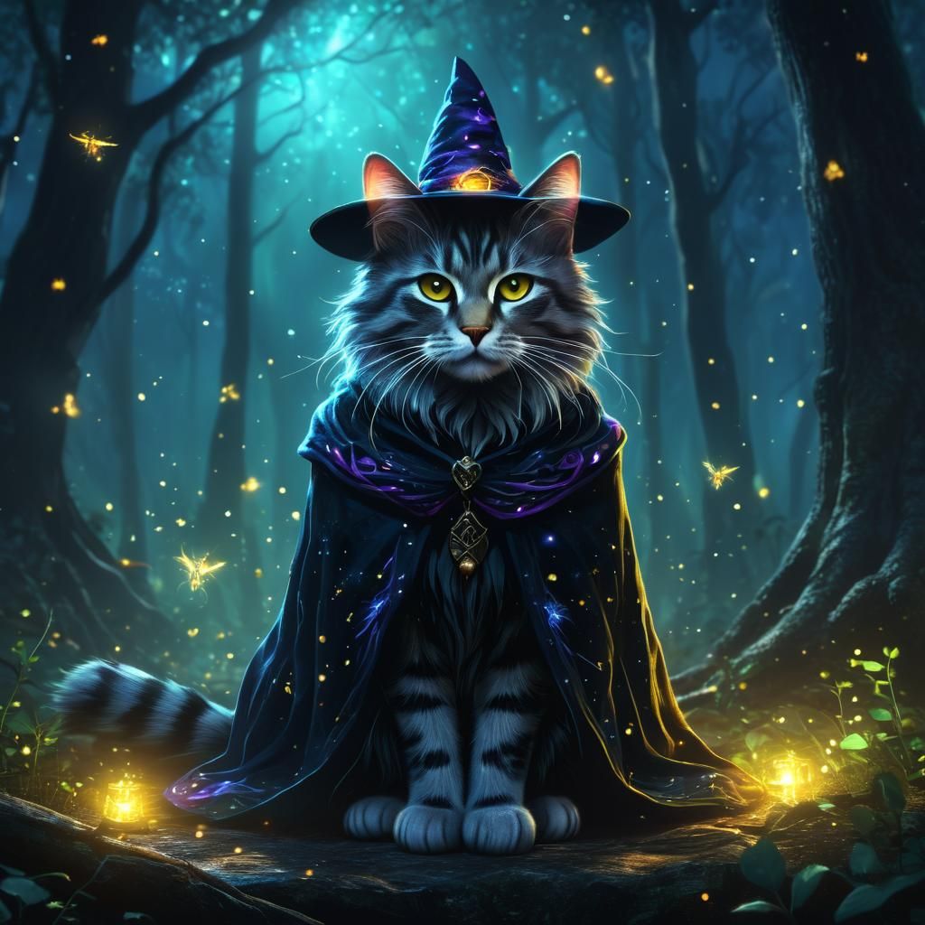 Cat Witch in Mystical Forest: Digital Art
