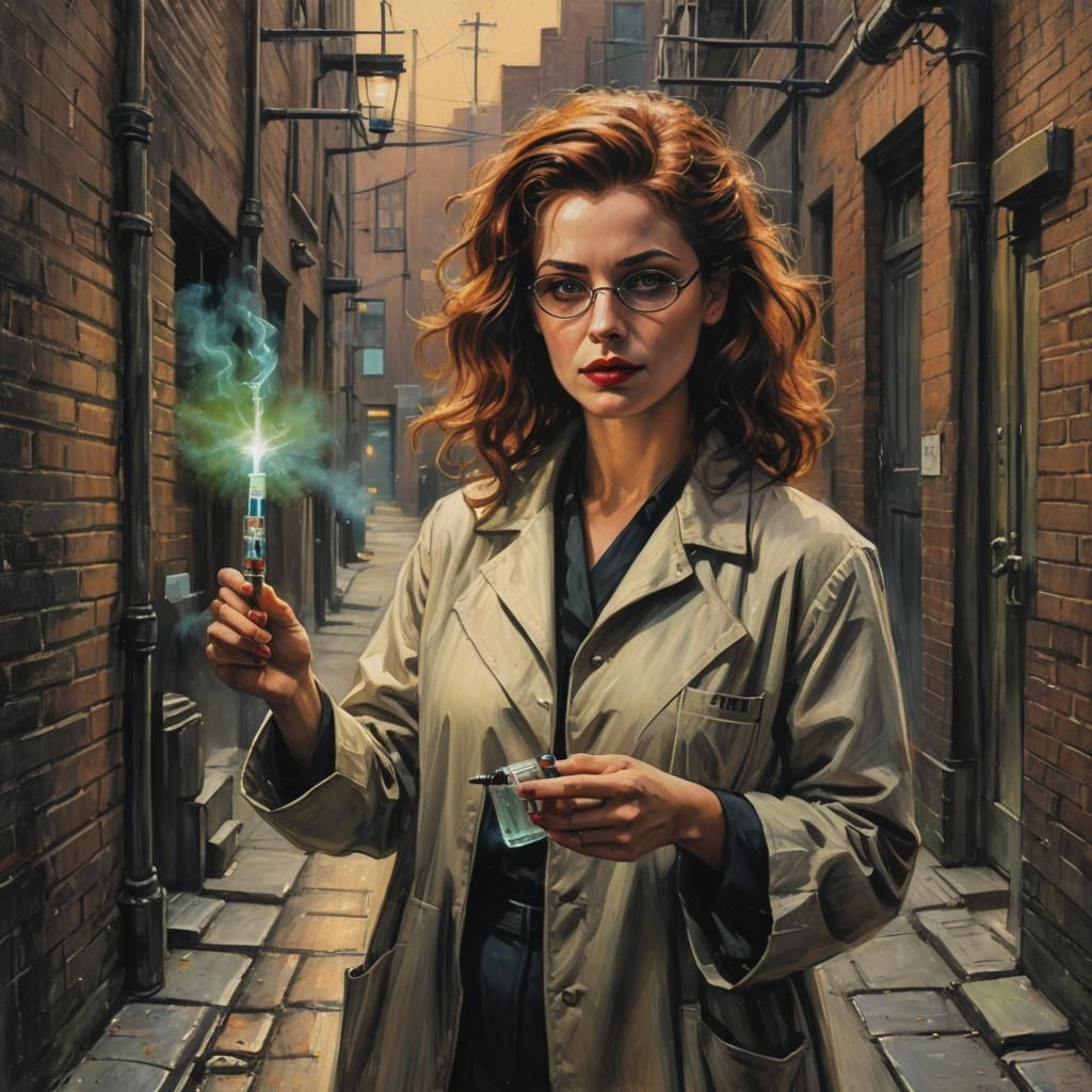 Mad Scientist with Glowing Syringe in Oil Pastel Style