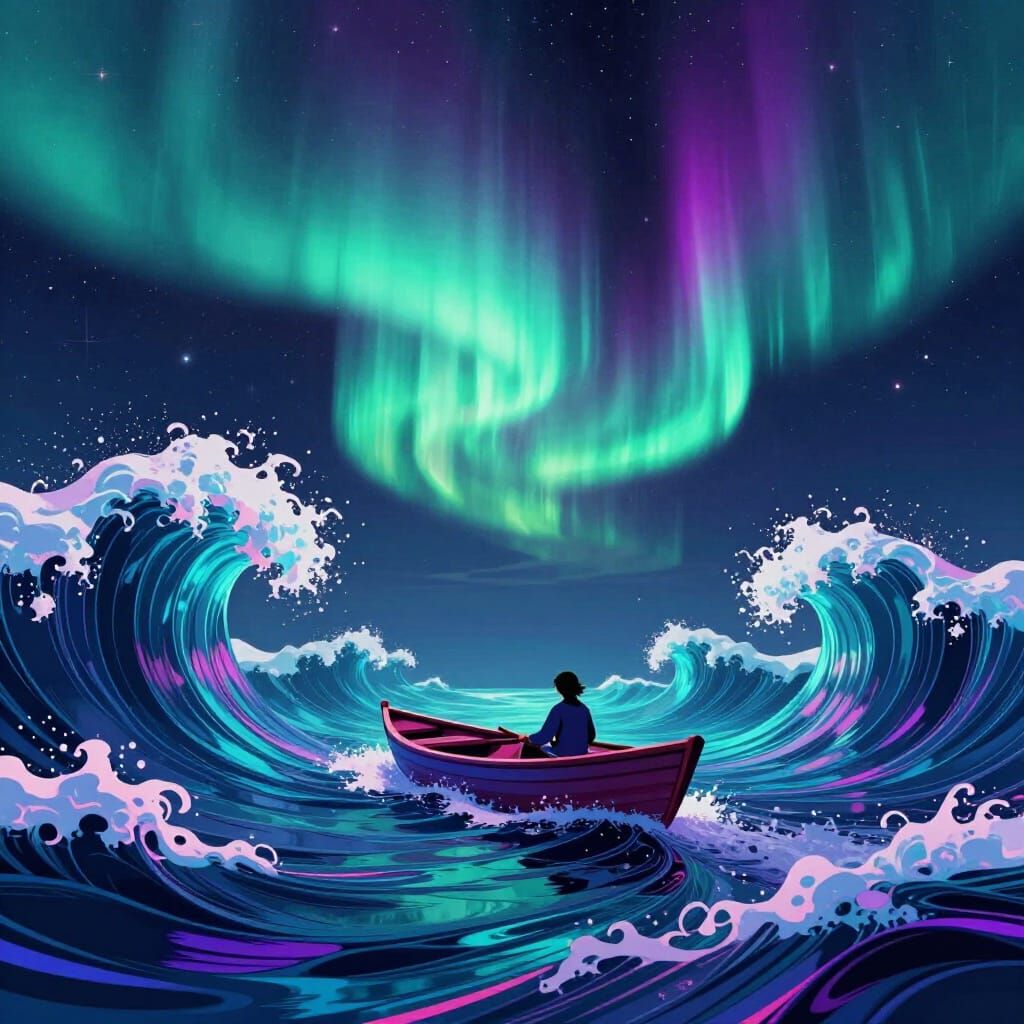 Rowboat on Cosmic Waves Under Aurora Borealis