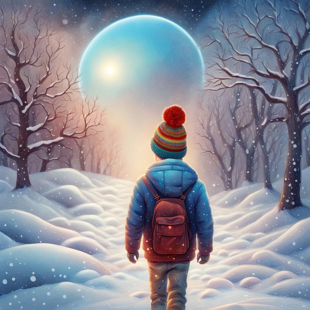 Boy in Snowy Landscape: Cosmic Illustration