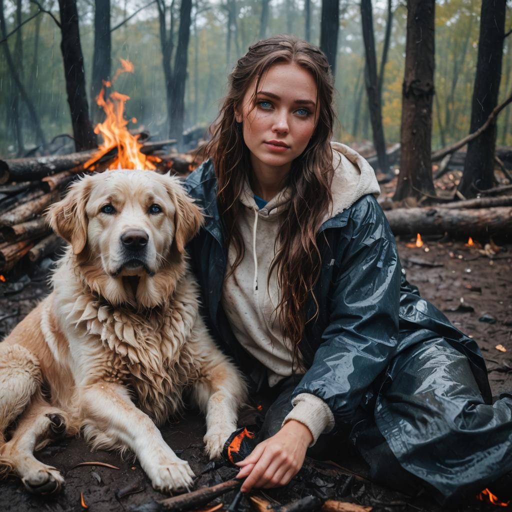 Girl with Dog Warming by Fire After Rain