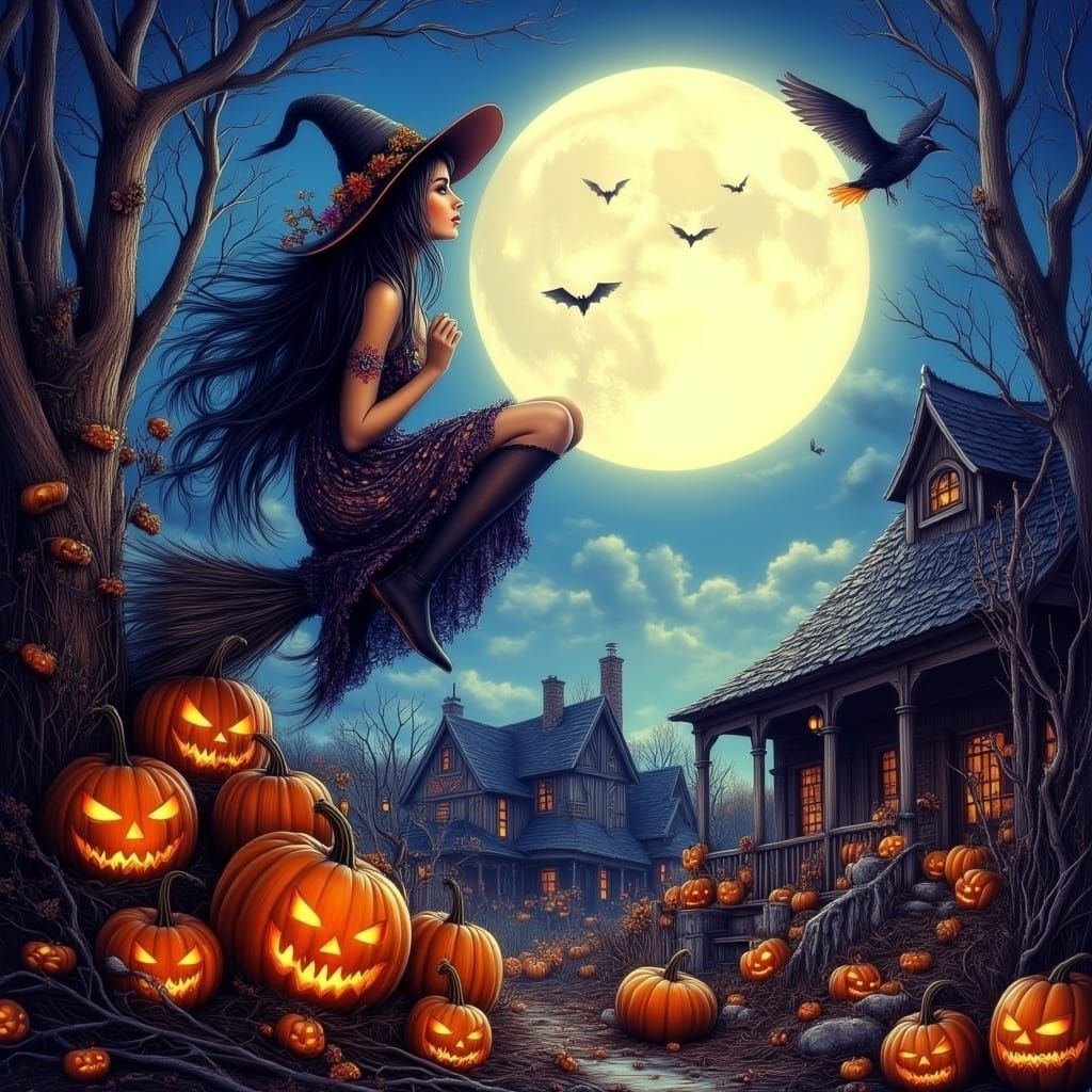 Witch Flying Broom Over Halloween Town