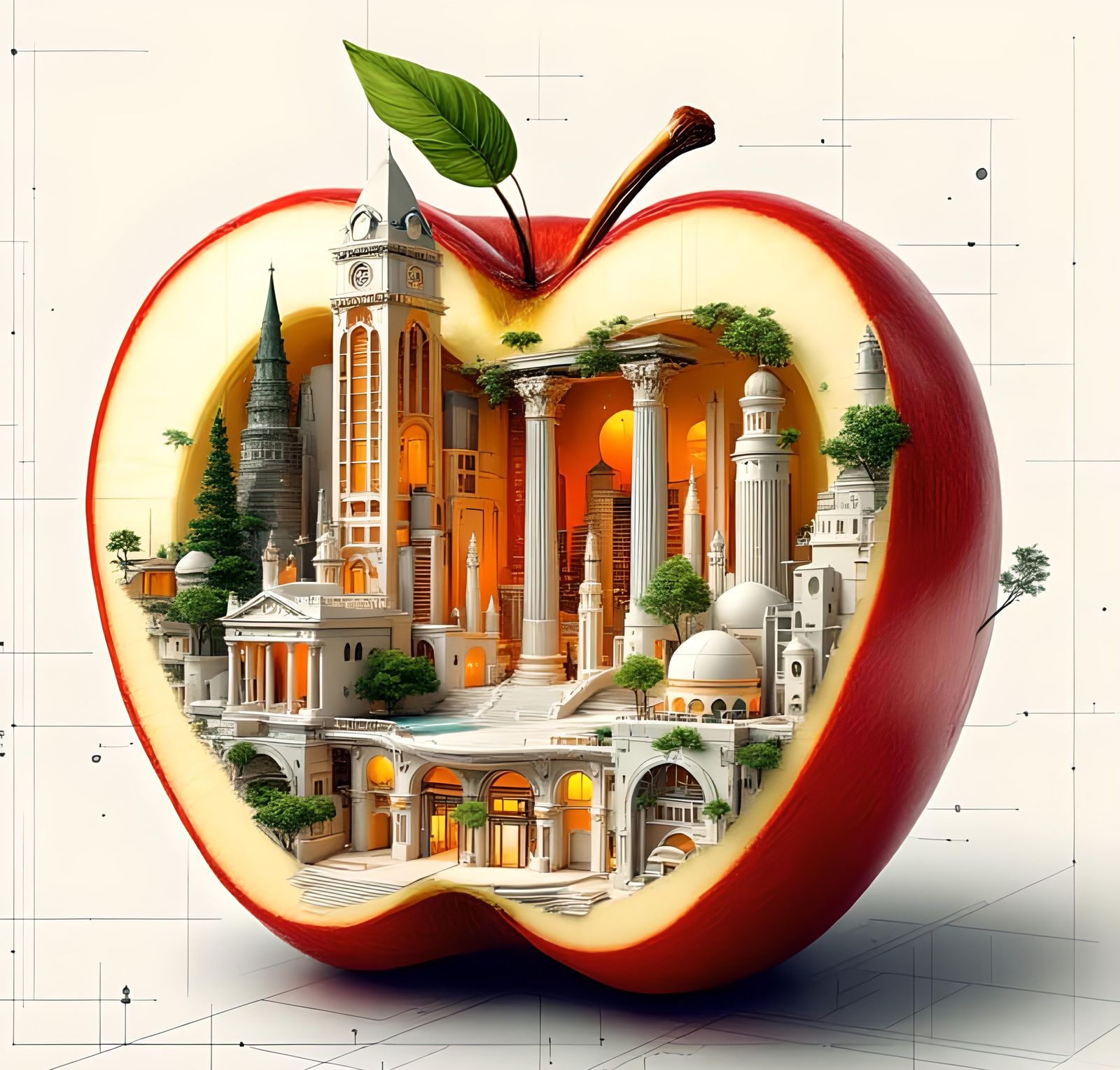 Futuristic Cityscape Revealed Inside Sliced Apple