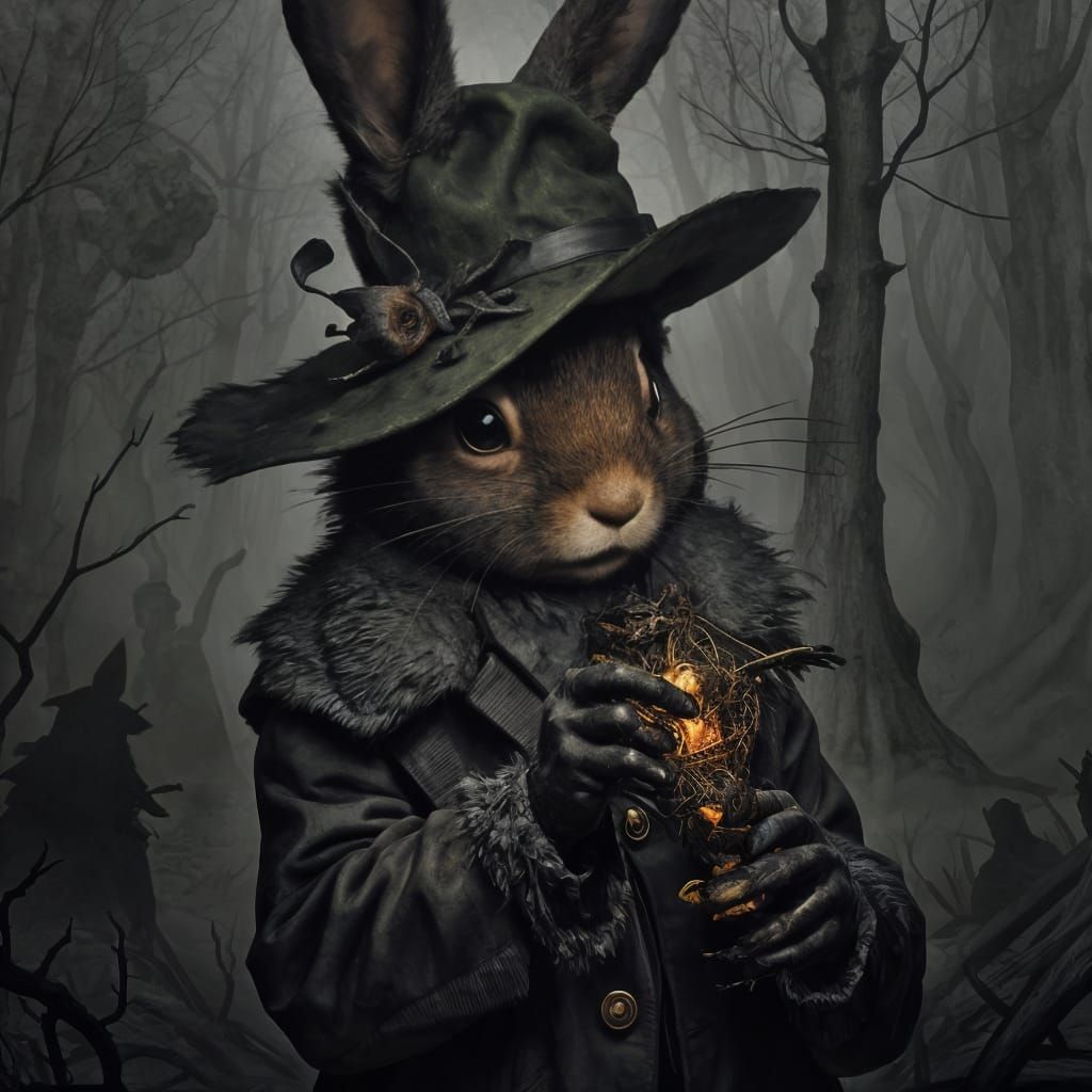 A Grotesque Rabbit Peddles Darkness in a Misted Forest