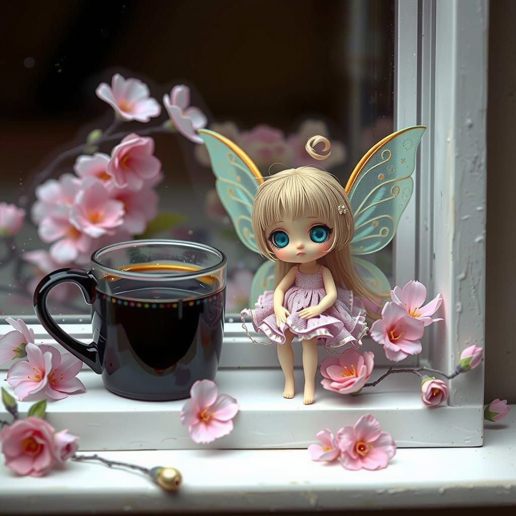 Chibi Fairy Doll on Windowsill with Coffee