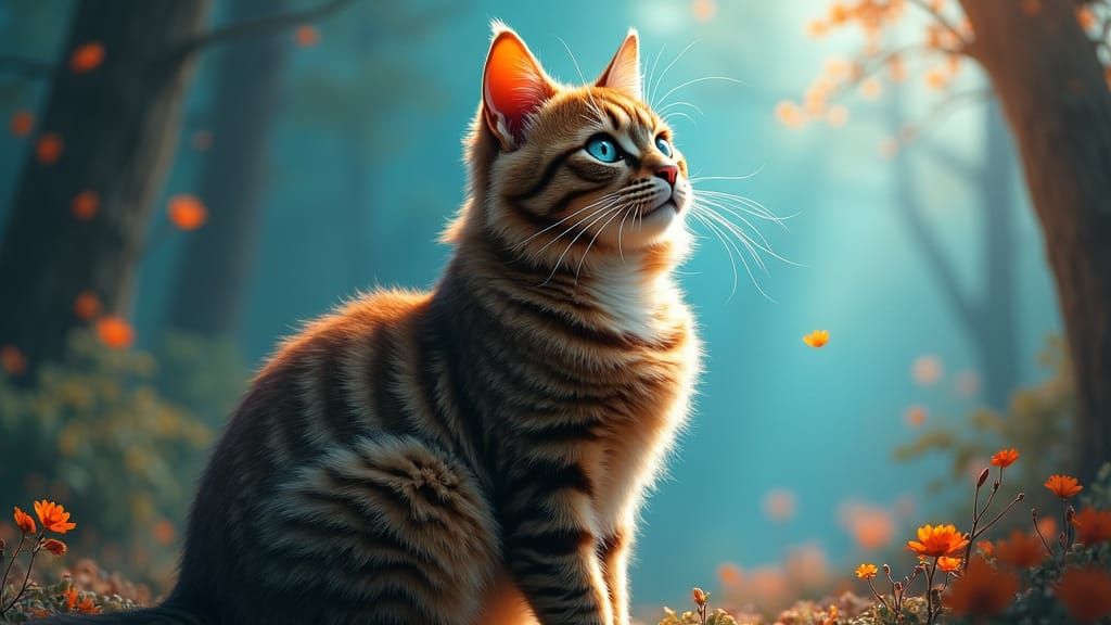 Majestic Tabby Cat in Ethereal Landscape