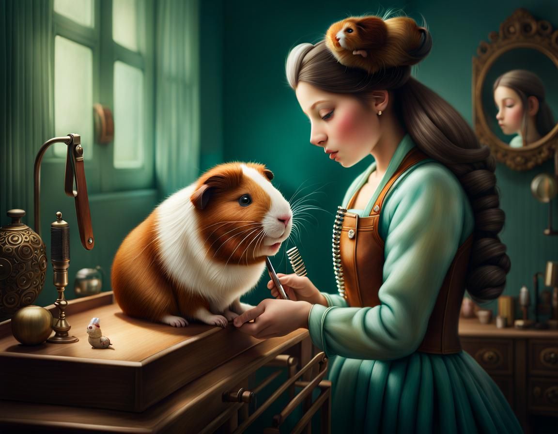 guinea pig groomer, with guinea pig hat!