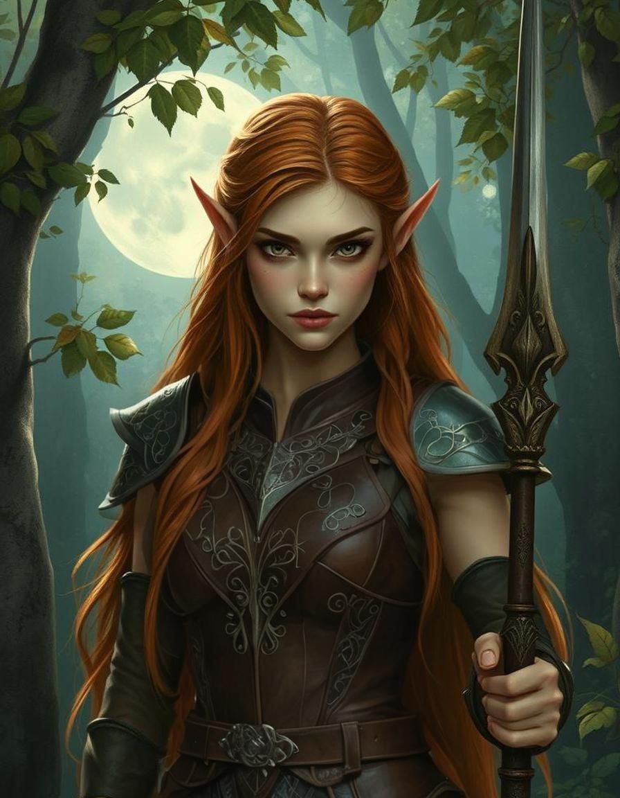 Elf Warrior in Mystical Forest, Art Nouveau Style