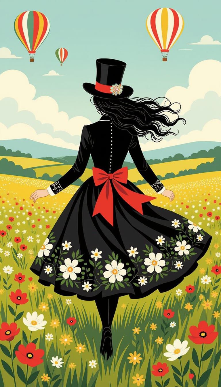 Girl Running in Meadow with Hot Air Balloons