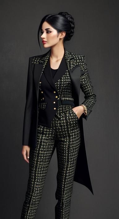Businesswoman in Abstract Black and Tan Suit