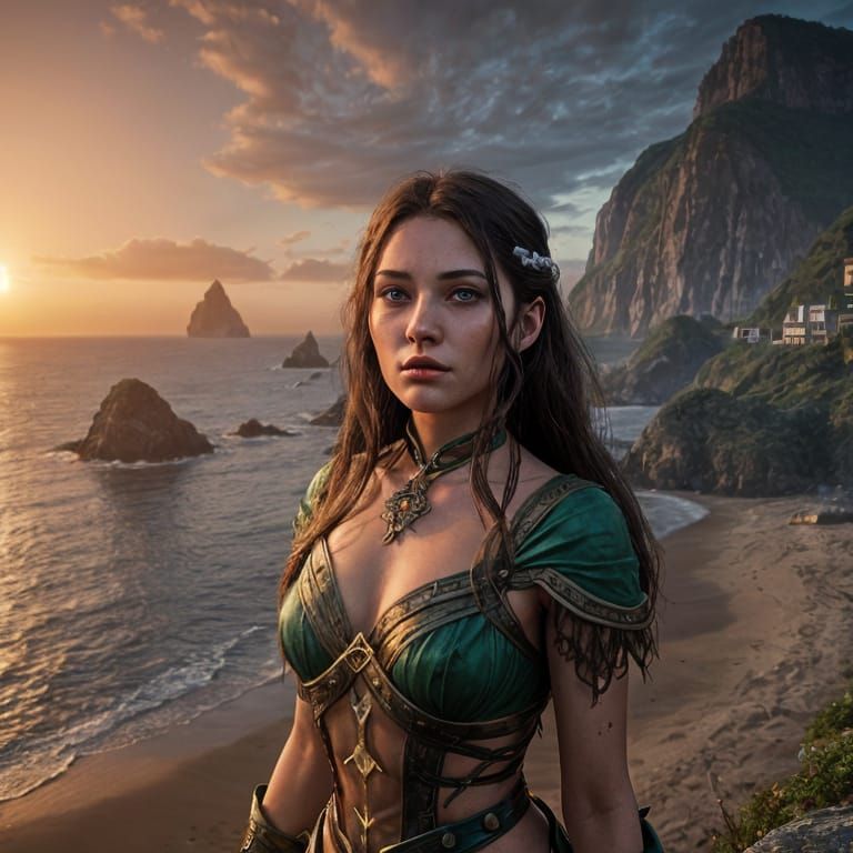 Brunette Woman Admiring Sunrise: Detailed Matte Painting