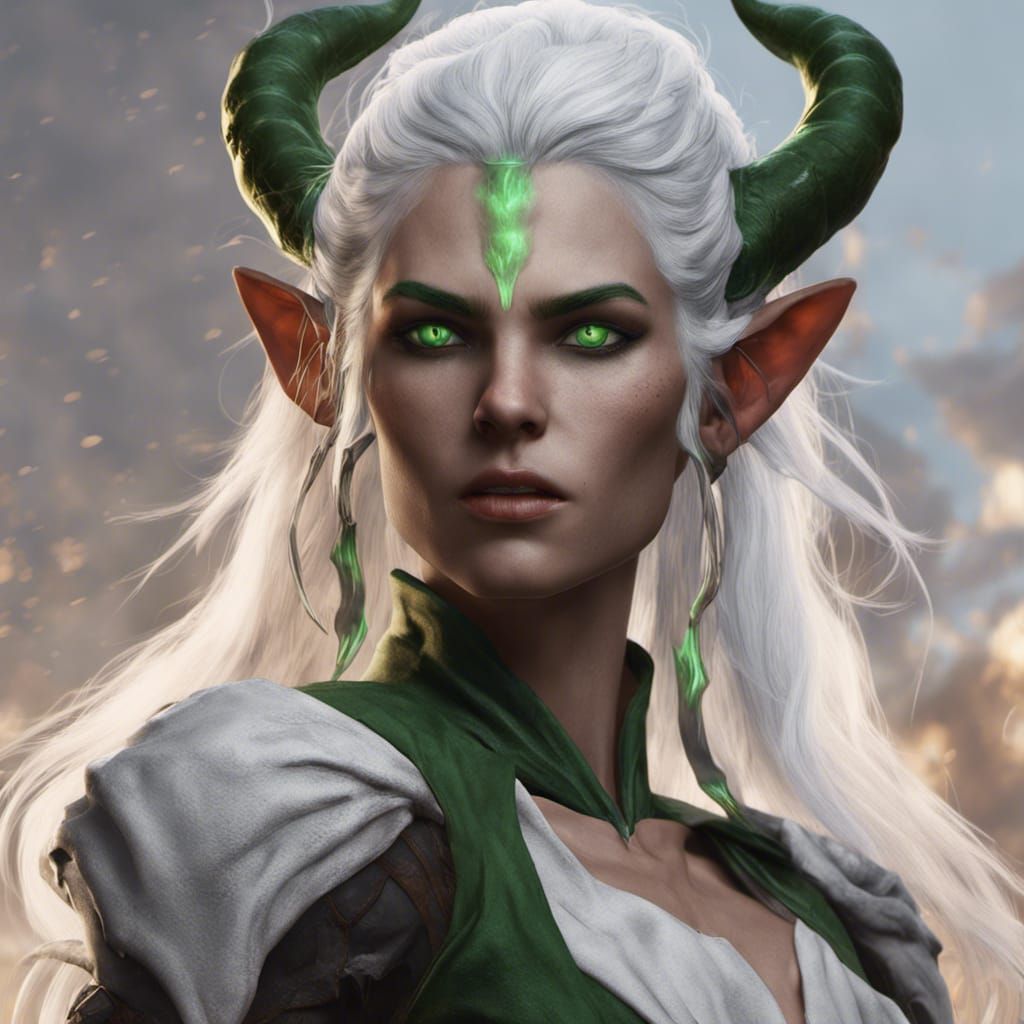 Angry White-Haired Tiefling in Detailed Matte Painting