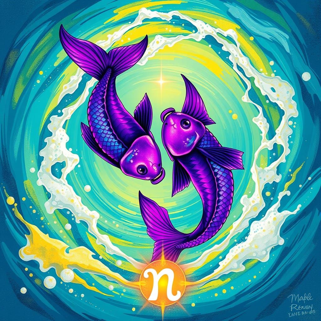 Surreal Aquatic Vortex with Iridescent Fish and Pisces Symbo...