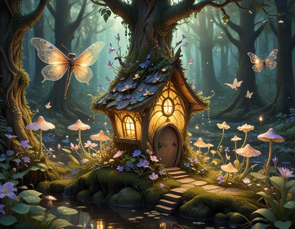 Enchanting Fairy Village in Luminous Forest Glade