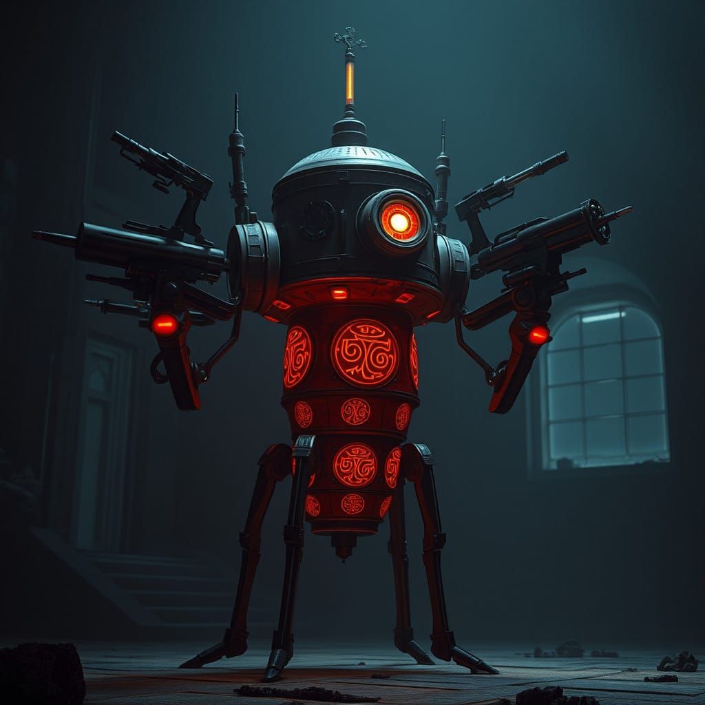 Ancient Rakatan Droid in Cyberpunk Industrial Aesthetic