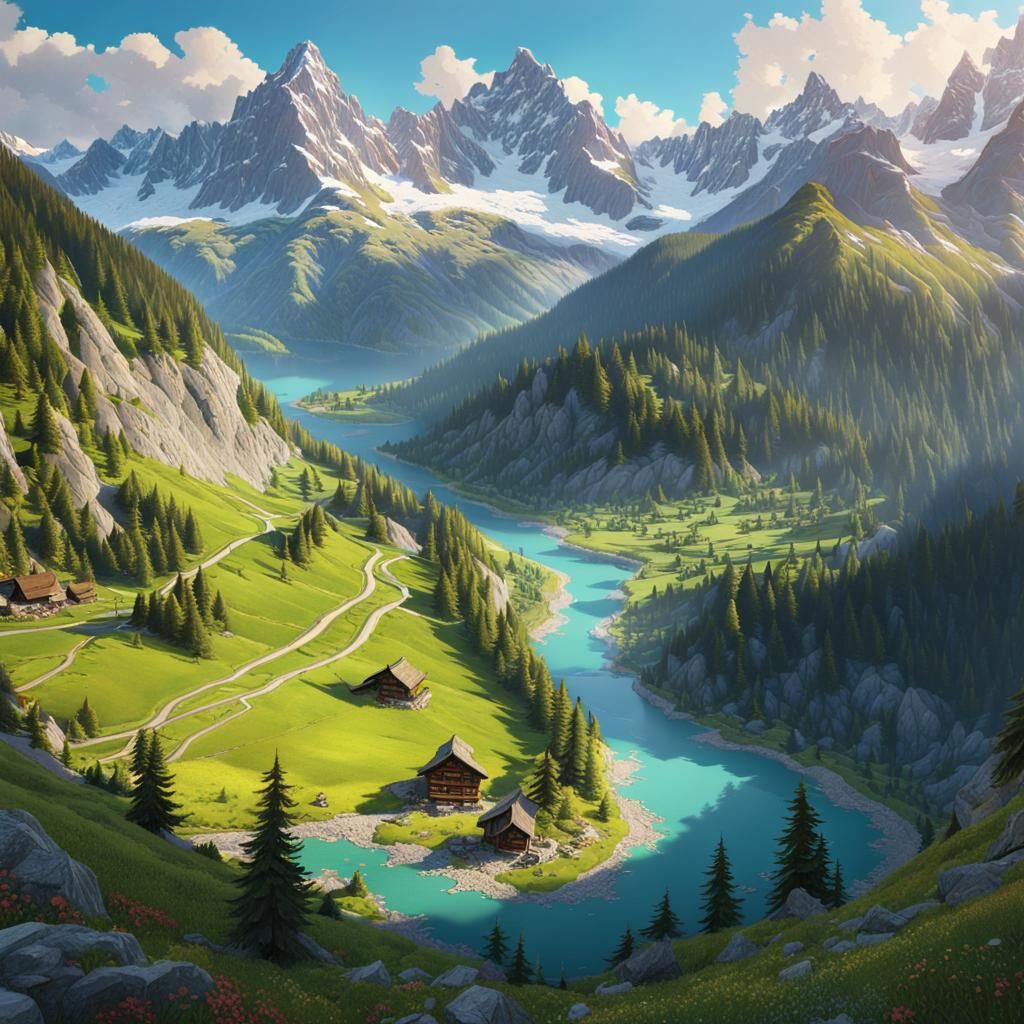 Swiss Alps River Valley in Digital Painting Style