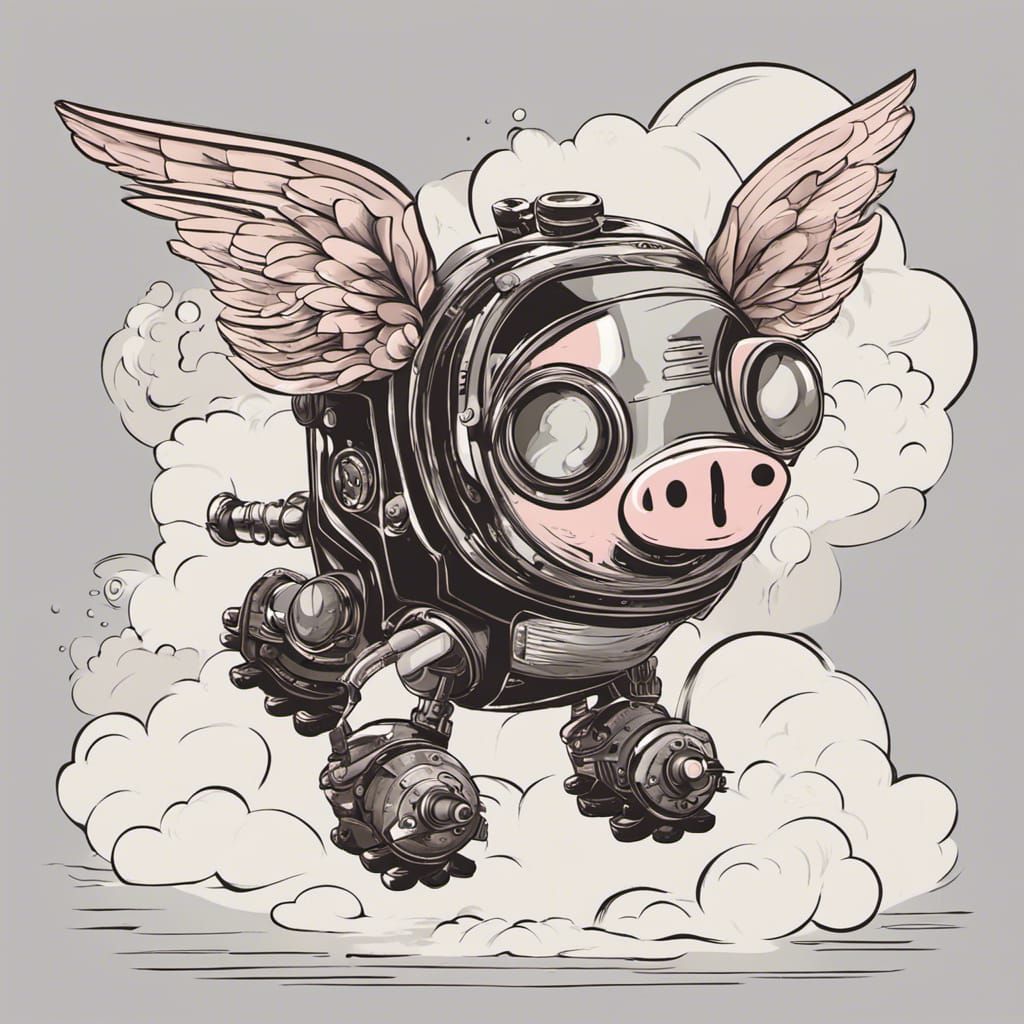Dieselpunk Flying Robot Pig in Cloudy Sky