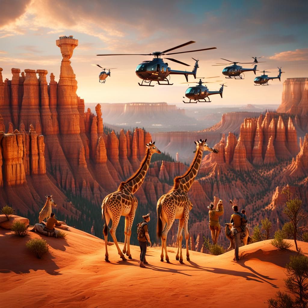 Teenagers Riding Giraffe in Bryce Canyon, Matte Painting