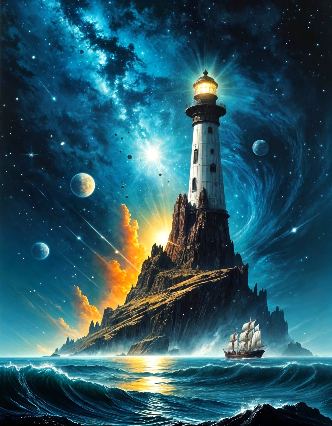 Cosmic Lighthouse Guides Ship Through Starry Vortex