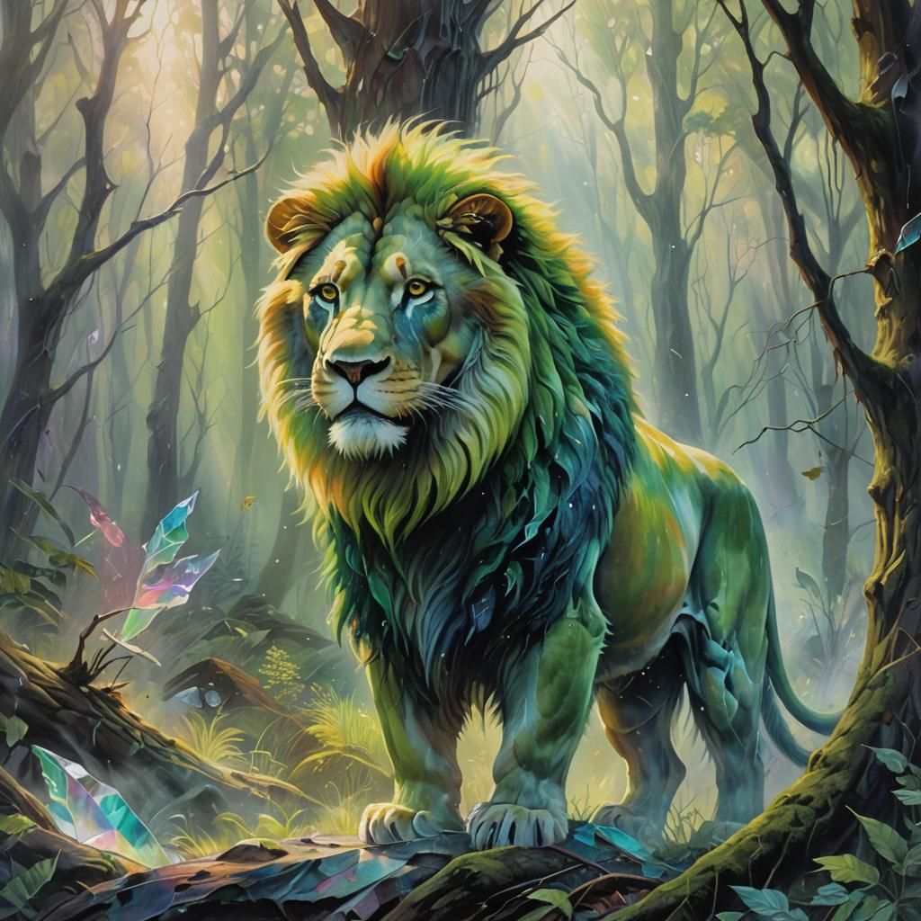 Ethereal Green Lion in Misty Forest, Oil Painting