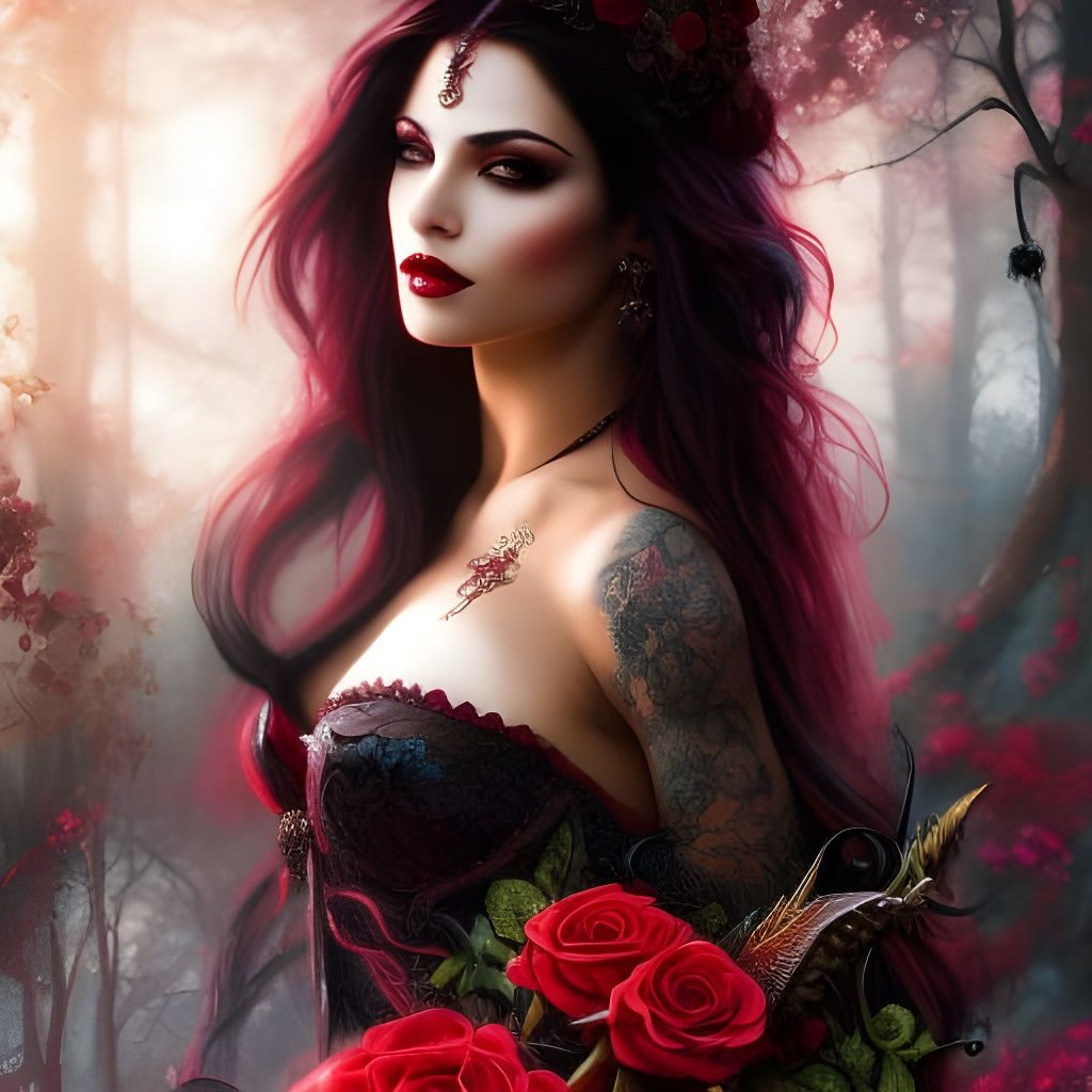 Gothic Girl Portrait with Red Roses in Oil Painting Style